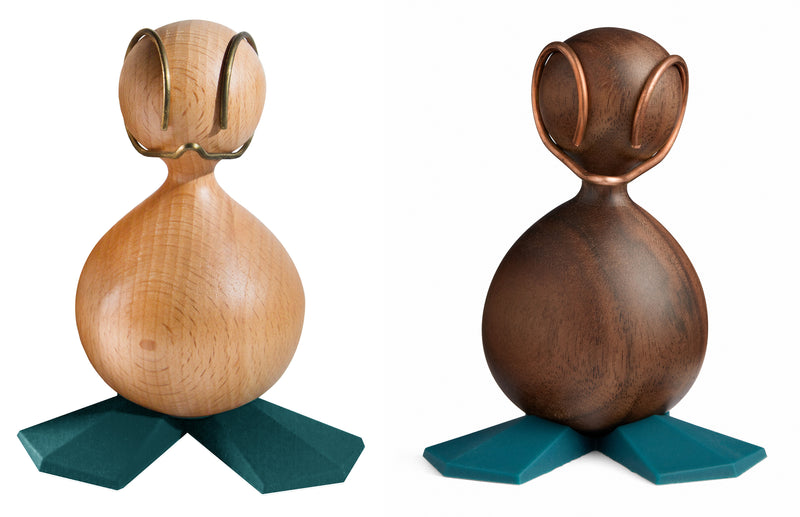 Set of two sustainable interior design wooden Ugly Duckling figures, walnut & beech