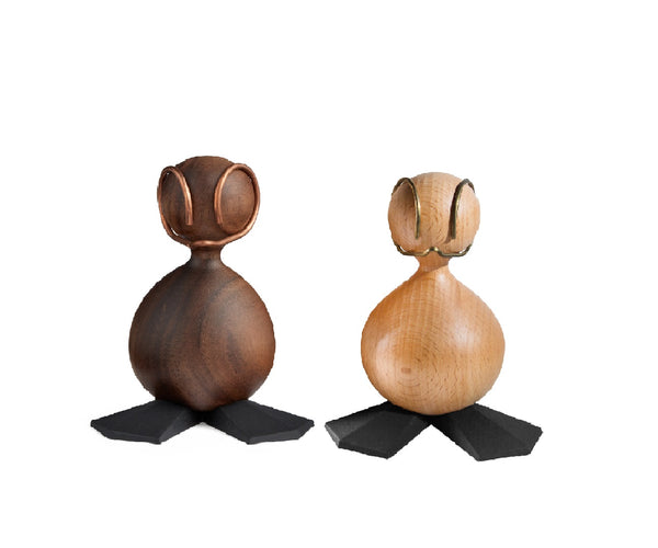 Set of two sustainable interior design wooden Ugly Duckling figures, walnut & beech